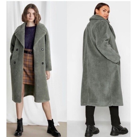 NWT! REBECCA MINKOFF Green Wool Teddy Faux Shearling Double Breasted Coat Large - Picture 1 of 12